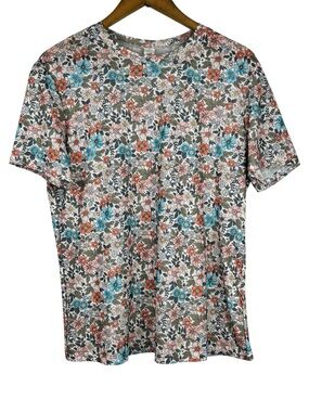 Shirley & Stone Vibrant Floral Print Short Sleeve Stretchy Semi Sheer Top XL